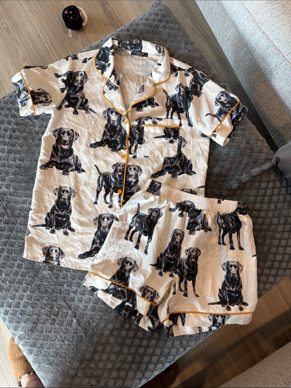 Kids White Pajama Set with Black Dog Print and Yellow Trim